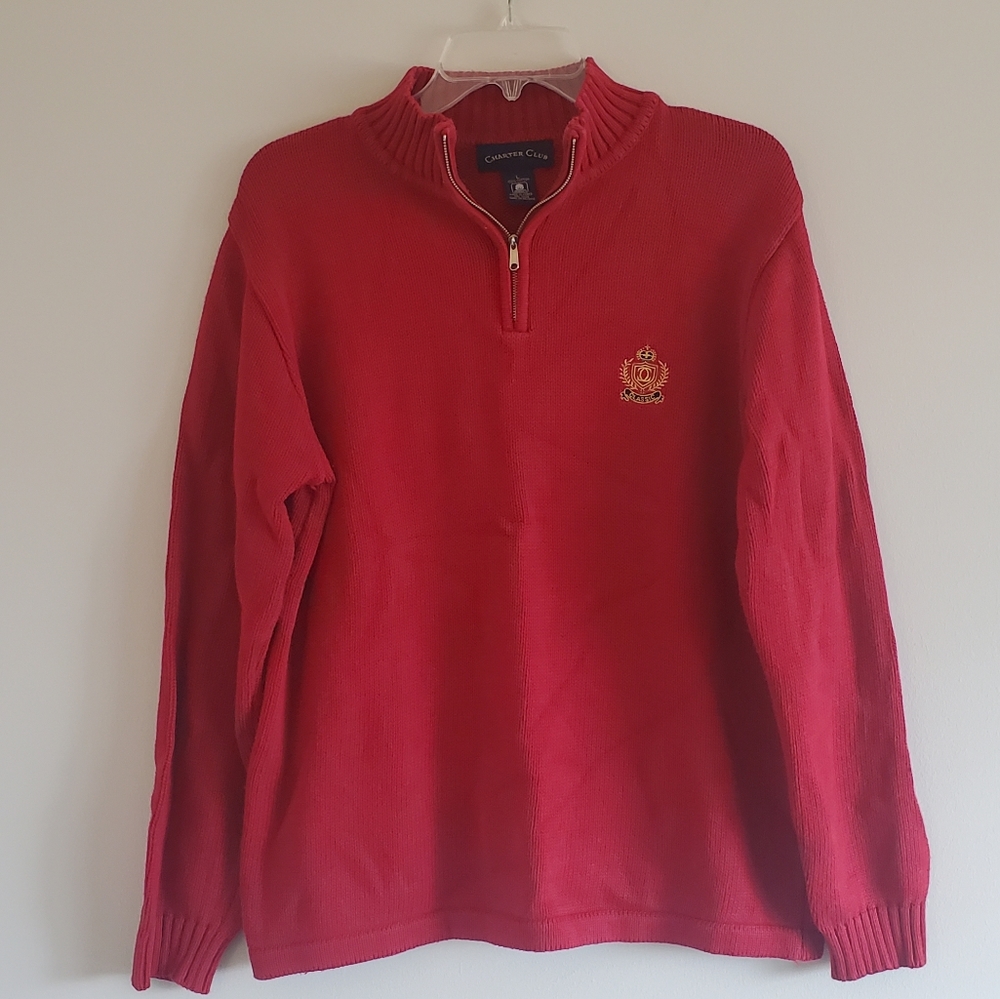 Charter club 100% Cotton thick red quarter zip sweater, size large